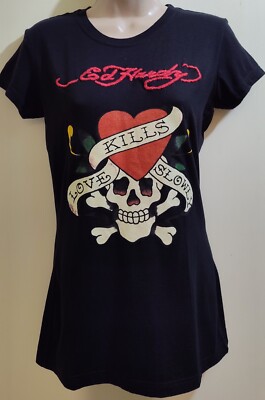 Ed Hardy Black Tee Love Kills Slowly Embroidered Logo Name Size