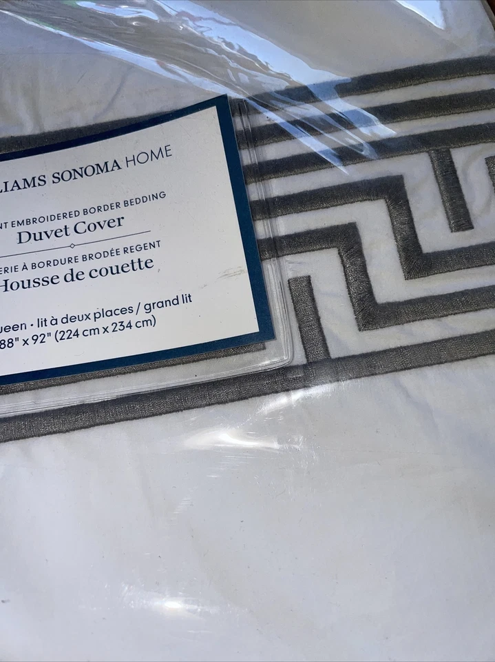 Williams Sonoma Queen GREEK KEY REGENT Gray Embroidered Border DUVET NEW $349 - Image 4 of 4