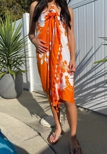 Hawaii Pareo Sarong Orange/Wht Plumeria Coverup Beach Cruise Hawaiian Luau Dress
