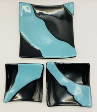 Fused Art Glass 3 Piece Plate Set, Turquoise Blue  Black 4 - 6  Dish Square