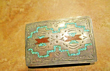 HAND MADE Vintage Navajo Sterling Silver Inlay Turquoise / Coral Belt Buckle