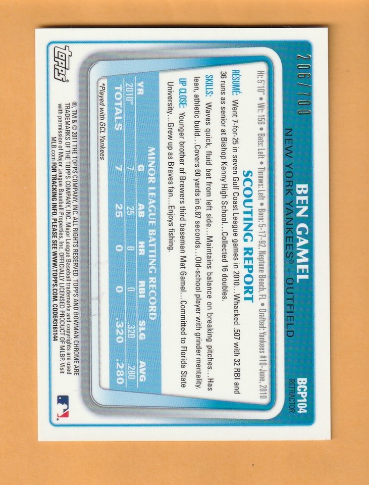 Ben Gamel New York Yankees 2011 Bowman Chrome Refractor /700
