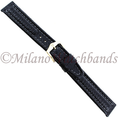 17mm Hirsch Livingstone Black Contrast Stitch Textured Leather Mens Band R/LONG