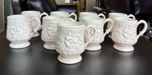 Unique Vintage Pottery  Embossed Mug Cup Signed Lot Of Nine (9)