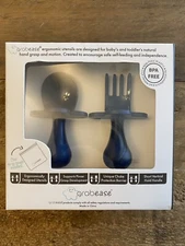 Grabease Baby and Toddler Self-Feeding Utensils Spoon & Fork Set. NAVY BLUE