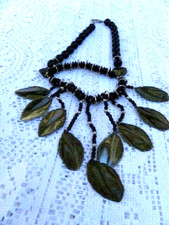 Vintage Black Beaded Bib Necklace Layered Metal Leaves Statement Silver Accents