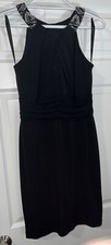 David Meister black jersey knit fitted cocktail dress with beaded halter Size 2