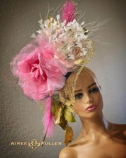 Aimee Fuller Kentucky Derby Hat Ascot Fascinator Gold Pink White Rose Del Mar