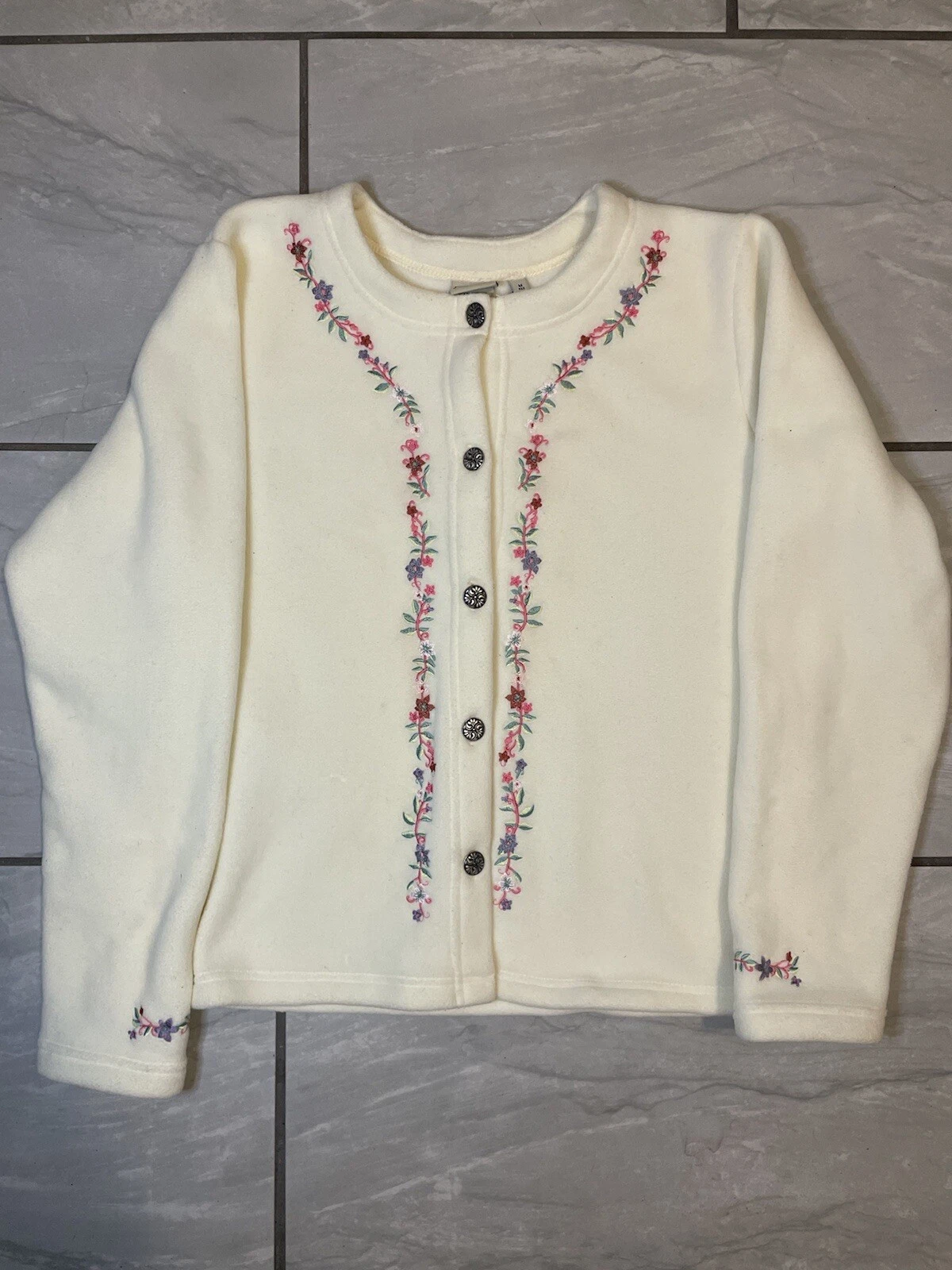 OFF WHITE Vintage L.L. Giacca cardigan pile fagiolo ricamato floreale taglia M donna panna