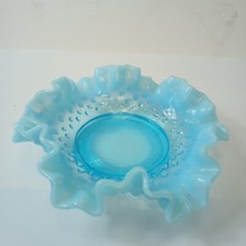 Blue Opalescent Crimped Ruffled Edge Hobnail Candy Dish
