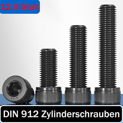 M3 bis M10 Zylinderschrauben Innensechskant DIN912 Vollgewinde Schwarz 12.9 Stah