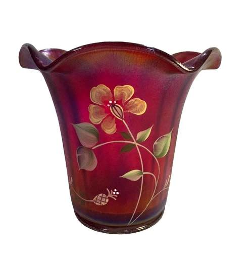 Fenton 100 TH Anniversary FOUNDER'S VASE Hand Painted Ruby Red Glass Signed
