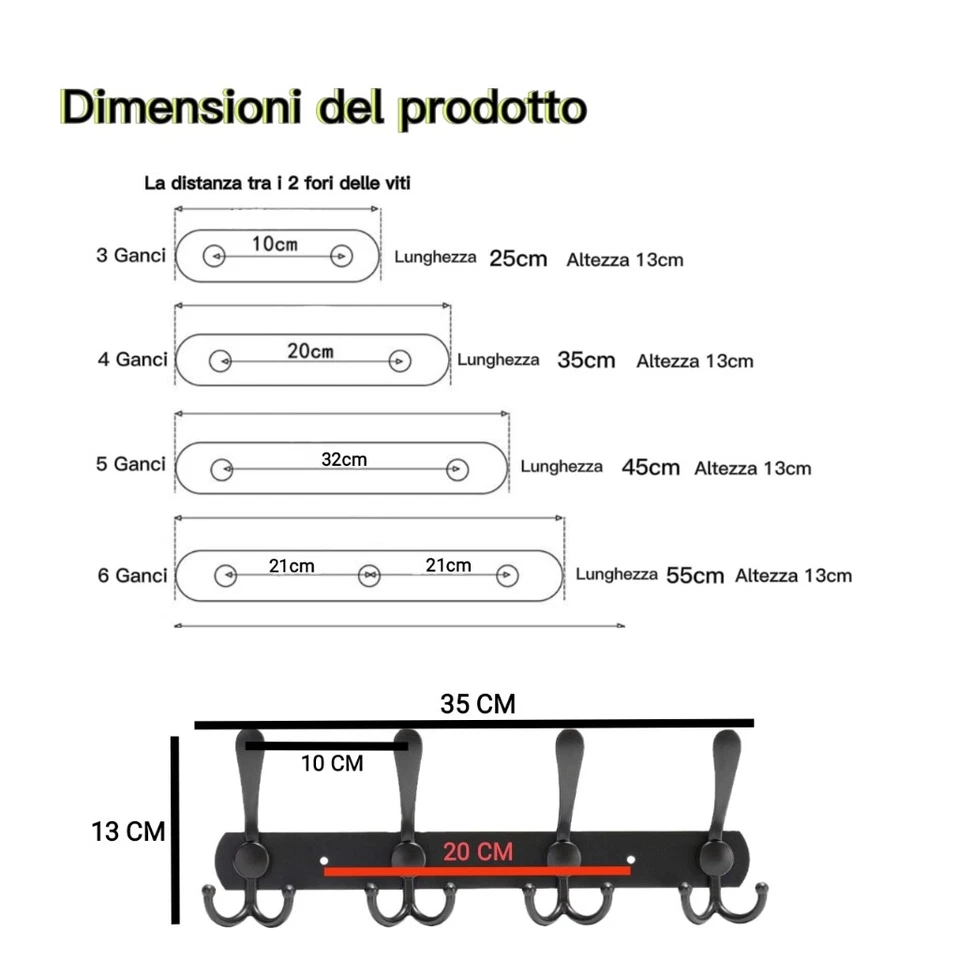 Appendiabiti a Parete,Ganci Appendiabiti Attaccapanni da Muro Nero Opaco 6 gance - Immagine 3 di 4