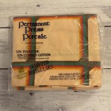 West Point Pepperell Permanent Press Percale Queen Flat Sheet Peach Rainbow VTG