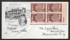 MISSISSIPPI TERRITORY 150TH ANNIV 1798- 1948 PLATE#BLOCK ARTCRAFT CACHT FDC #955