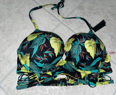 Victoria Secret Swim Bikini Top Long Line Strappy Bombshell + 2 Cup Floral 34DD