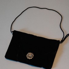 Black Velvet Evening Bag with Rhinestone Clasp and Cord Strap