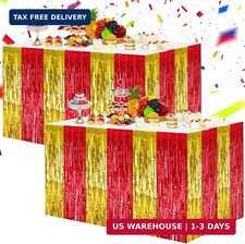 BEISHIDA 2 Pack Red Gold Table Skirts Party Decorations Metallic Tinsel Foil Fri