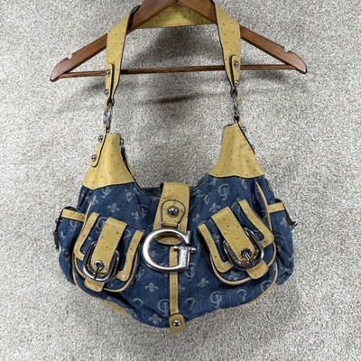 Y2K Guess Shoulder Bag Purse 2000s Denim Faux Ostrich Leather Chunky Logo *wear*