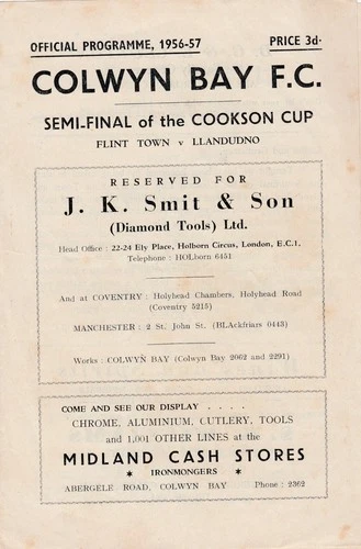 FLINT TOWN V LLANDUNDO 1956/57 SEMI FINAL  COOKSON CUP COLWYN BAY