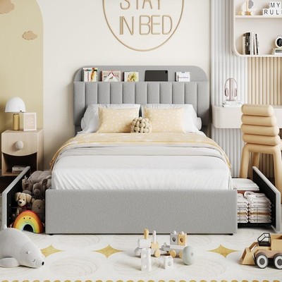 Full/Twin/Queen Size Bed Frame for Kids Upholstered Platform Bed with 2 Drawers