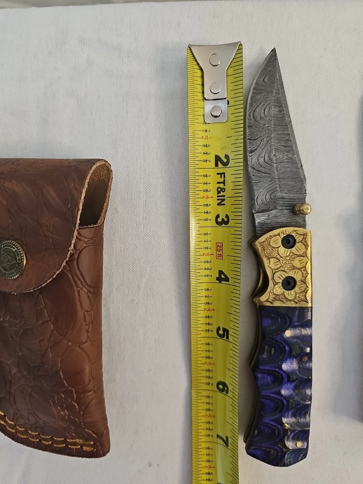 Lote de 3 cuchillos de bolsillo Damasco hechos a mano con fundas de cuero Foto 3 de 4