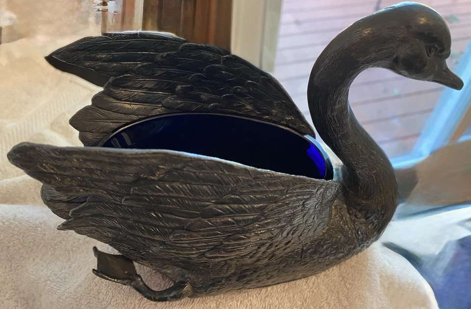 ANTIQUE JENNINGS BROS METAL SWAN CANDY DISH WITH COBALT GLASS INSERT C. 1890’S - Image 3 of 4