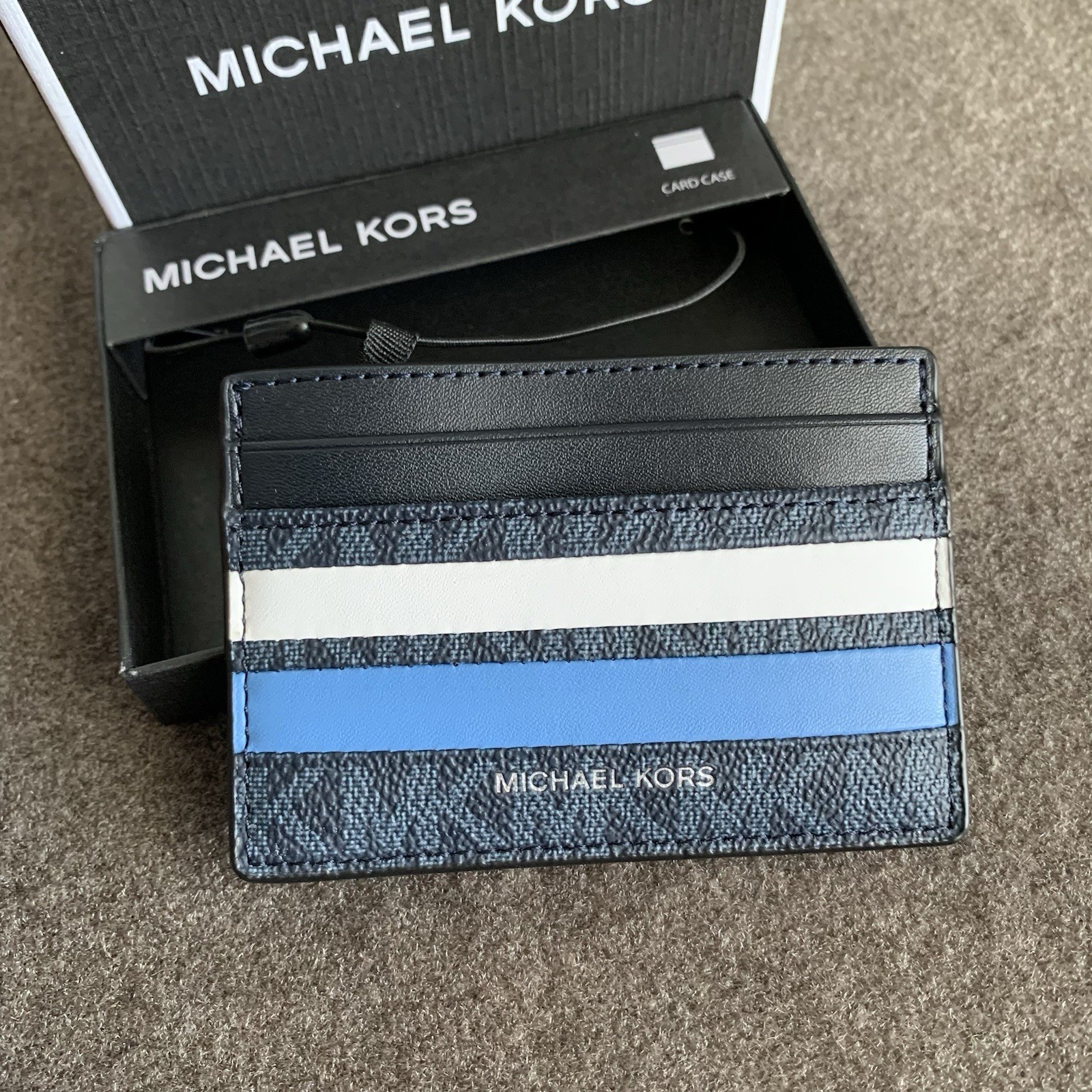 Michael Kors Men's Malone Leather Card Case Wallet Blue Multi Stripe Pebbled