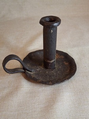 Early Hand Forged Iron Chamberstick Candle Holder Primitive Folk Art Lighting