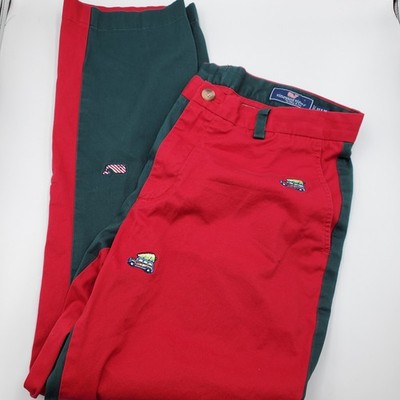Vineyard Vines Men Two Tone Red Green Whale & Car Embroidered Chinos Pants 32x29