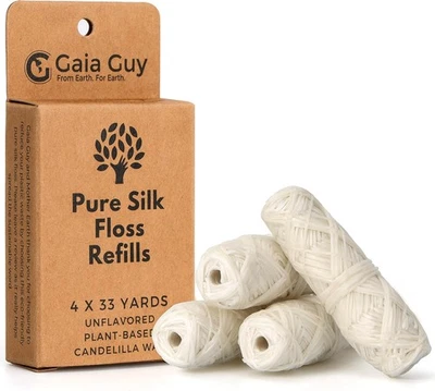 Gaia Guy Silk Dental Floss Refill | Unflavored Natural Silk | 4 spools x 33yds