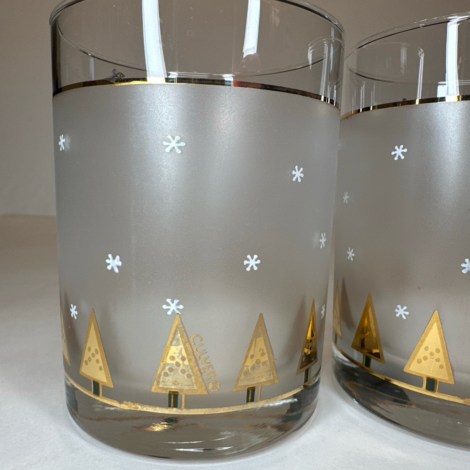 (2) Vintage Culver Double Old Fashion Frosted Gold Christmas Tree Glasses MCM