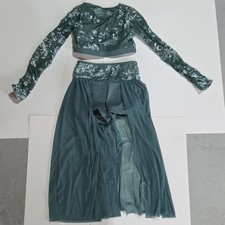 Weissman Girls Green Sequin Dancewear Crop Top Sheer Skirt LC