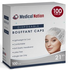 21" Disposable Bouffant Caps Pack of 100, White Hairnets, Non-Woven, Non-...