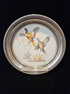 SCARCE VINTAGE 8" STERLING-RIMMED REVERE SILVERSMITHS PAINTED PHEASANTS PLATE