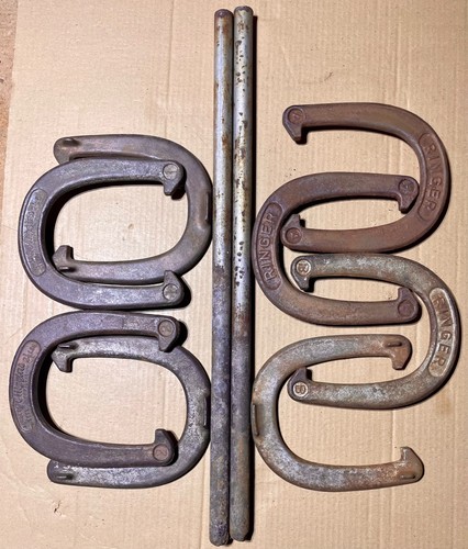 Vintage 2 1/2 lb Horseshoes- 4 Ringer & 4 JB Higgins shoes plus 2 stakes