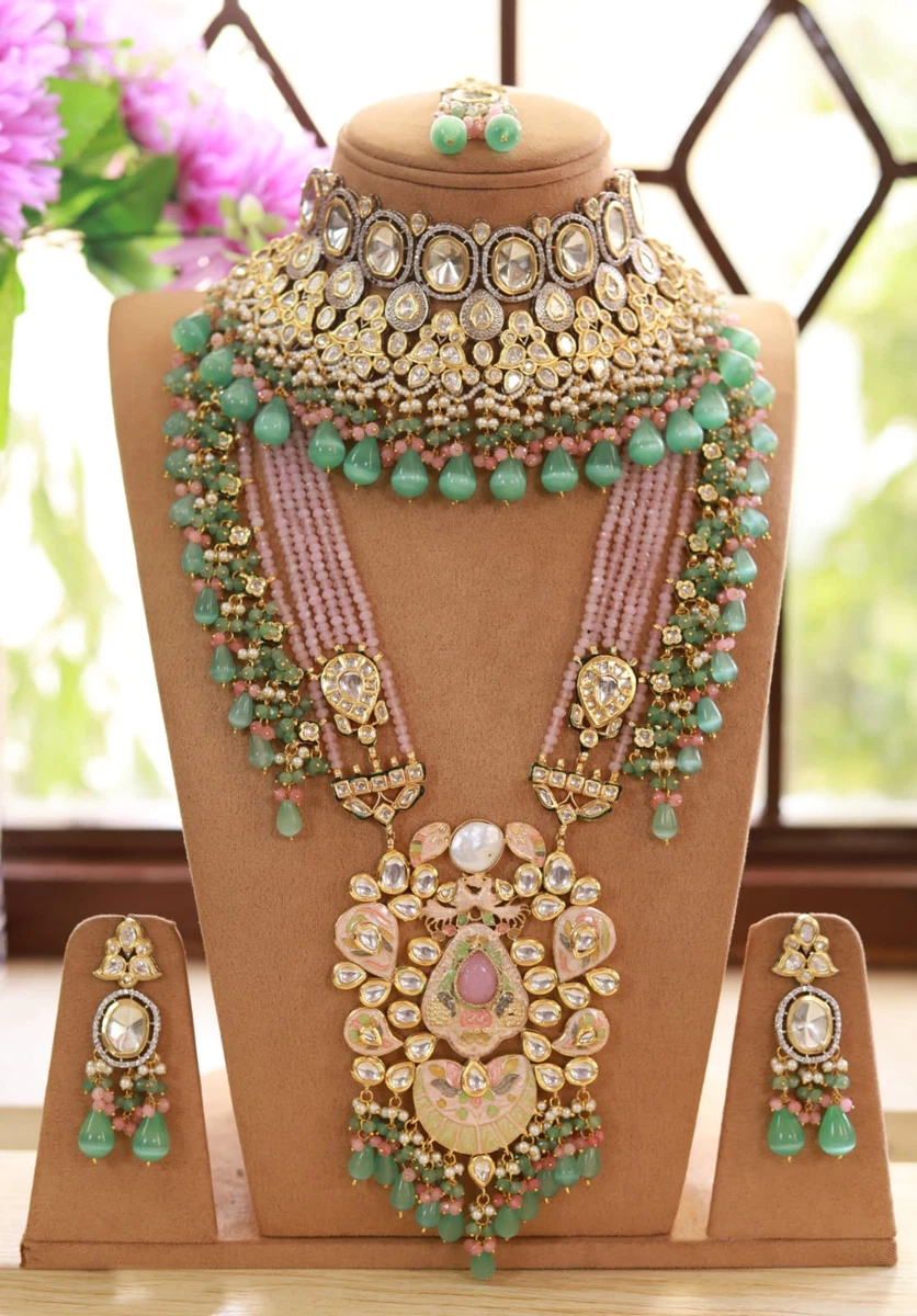 Indian Gold Plated Bollywood Style Kundan Necklace Earrings CZ Haram Jewelry Set