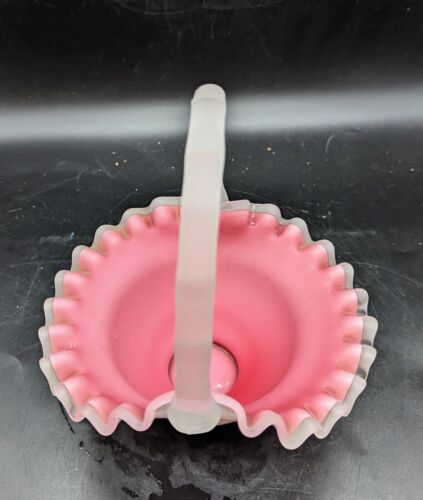 Vintage Fenton Peach Crest Art Glass Basket W/ Satin Handle 7" Pink White - Picture 8 of 10