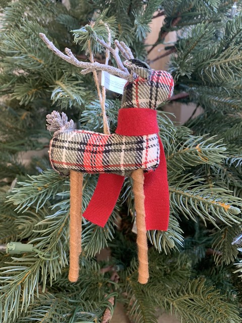 Pottery Barn Red Plaid Reindeer Ornament Christmas Tree Small New