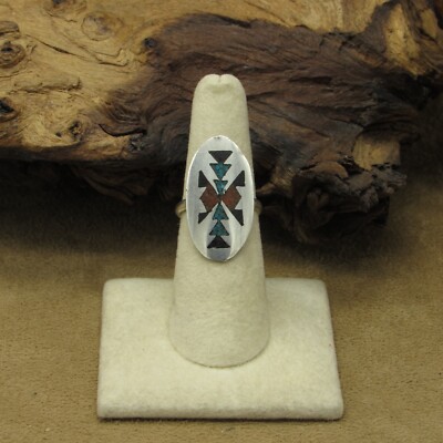 Vintage Sterling Silver Turquoise, Coral, and Jet Chip Inlay Ring Size 6.75