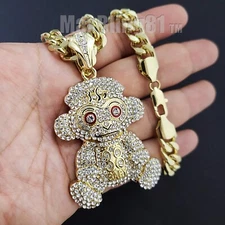Gold Plated Alloy Cubic Zirconia Baby 38 Monkey Pendant & Cuban Chain Necklace