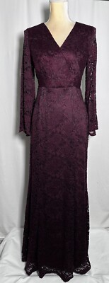 Leslie Fay Dress Maxi Gown 4 Long Sleeve Formal Lace Burgundy | eBay
