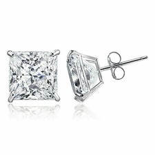 14K Solid White Gold Square Cubic Zirconia Butterfly Back Basket Stud Earrings