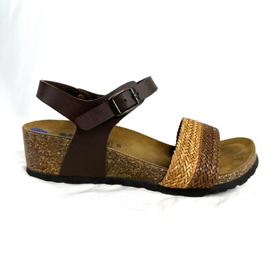 Spring Step Women Size 7.5 / 38 Brown Leather Cork Low Wedge Sandal Shoe