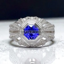 Tanzanite Hexagon Cut Gemstone With 925 Sterling Silver Ring For Men's #A67 *