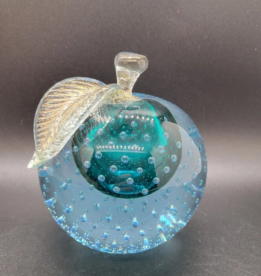 Alfredo Barbini Style Hand Blown Art Glass Bubble Murano Italy Blue Apple Gold