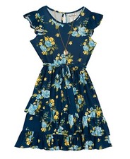 NWT Rare Editions Big Girls Tiered Belted Dress with Necklace 14
