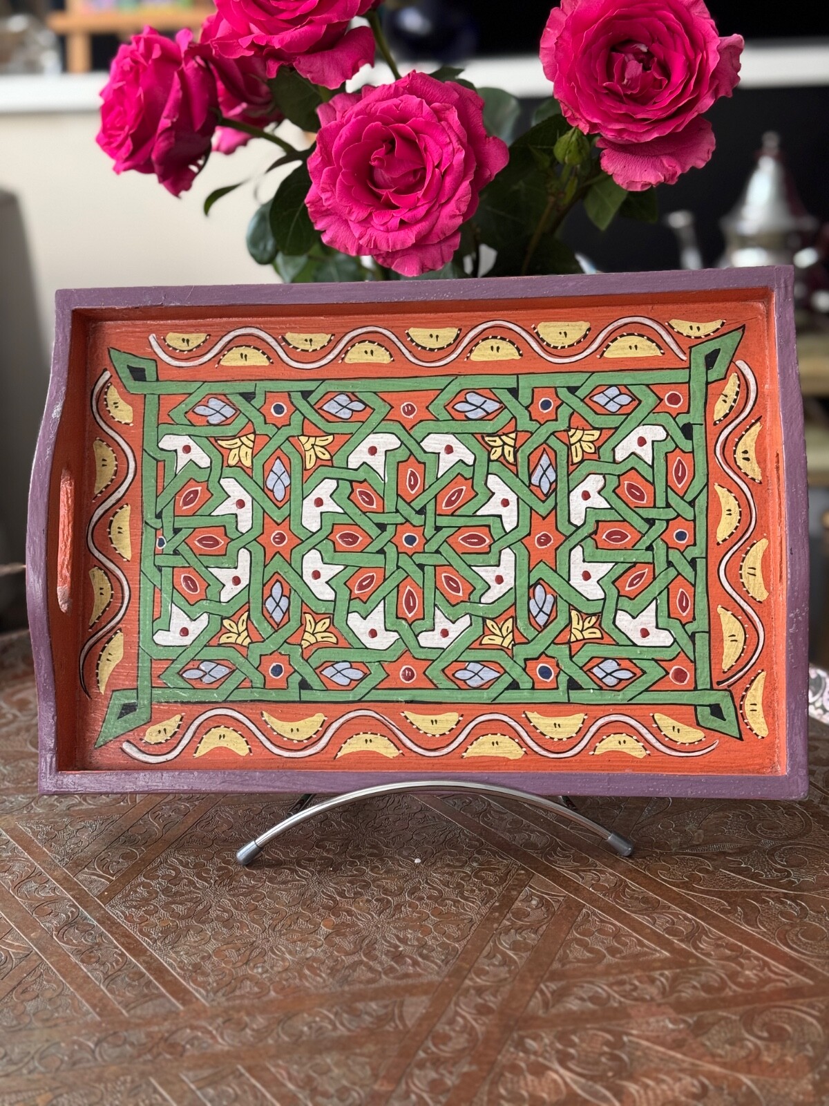Plateau zwak en bois peint à la main de Marrakech - Dimensions 25x35 cm N2