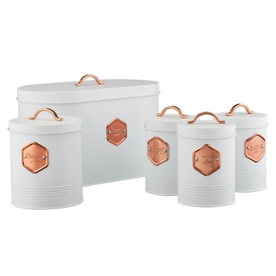 Kitchen Storage Canister Jar Storage Set Bread Bin Sugar Tea Coffee  White/Copper UK