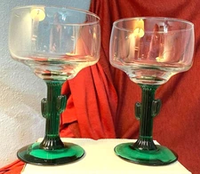 Margarita Glass Glasses Set of 2 Cactus Libby Green Stem Glassware-3619 JS-12oz.